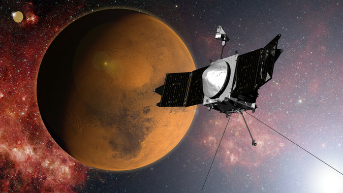 An illustration of the Maven spacecraft approaching Mars on a mission to study its upper atmosphere.